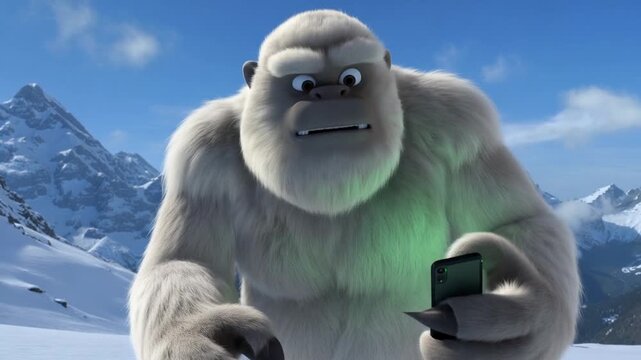 Cartoon yeti using smartphone in snowy mountains