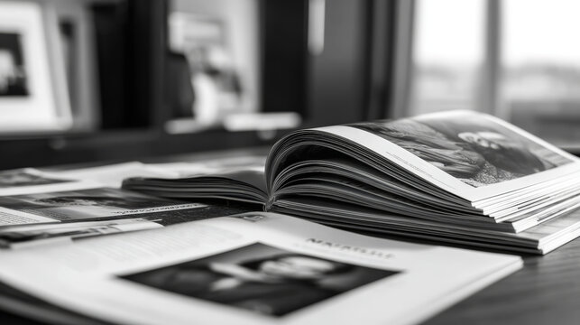 Stack of colorful magazines and brochures with glossy pages and textured paper surfaces on a wooden table in a well-lit room