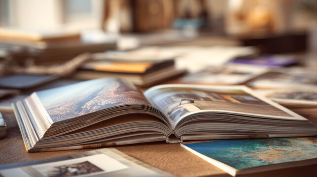 Stack of colorful magazines and brochures with glossy pages and diverse photographic images on a wooden table
