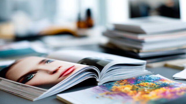 Stack of colorful magazines and brochures on a modern desk with a woman's face photograph visible in the open magazine and additional reading materials in the background