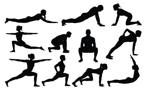 A group of people doing various yoga poses in silhouette