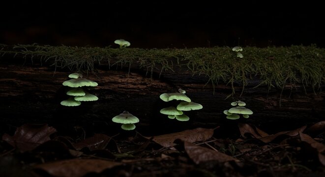A magical nighttime scene in a dense forest where clusters of tiny, bioluminescent mushrooms emit a soft, ethereal green glow on the bark of a decaying log.