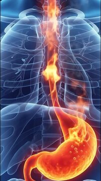 3d medical illustration of human digestive system with esophagus and stomach experiencing heartburn or acid reflux, suitable for health information, patient education, medical research.