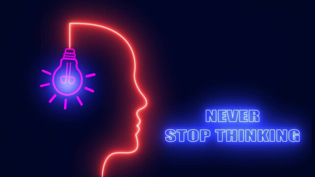 Unleash your potential with never stop thinking concept featuring neon human mind and bulb for continuous innovation