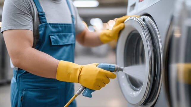 Professional Worker in Blue Overalls and Yellow Gloves Cleaning a Washing Machine in a Modern Laundry Facility