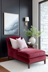 a large red velvet chaise lounge in front of a black wall with an abstract painting on it, modern mansion decor, a rug, and a wall sconce
