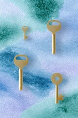 a pattern of gold keys against an abstract background, with shades of blue and green