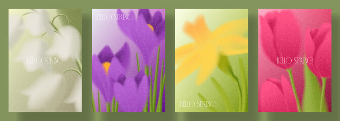 Set of spring gradient cards. Abstract vector posters with colourful gradients and blurred spring flowers. Collection of grainy posters with colorful spring blossoms. © Yaran