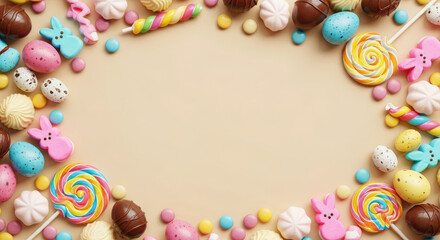 Fototapeta premium Colorful candy border with lollipops and sweets on a beige background for easter or birthday celebrations