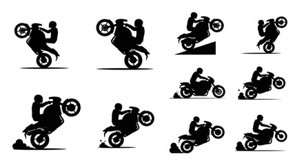 Motorcycle Rider Performing Stunts Silhouette Collection. © Tuhin