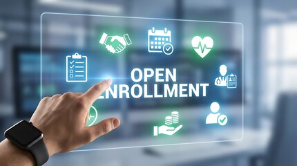 Obraz premium Person interacting with open enrollment digital interface in modern office