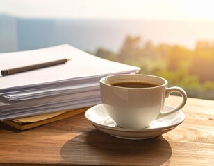 Business pause moment with coffee cup and stacked documents by window light