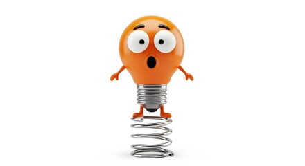 Surprised lightbulb character standing on a coiled wire spring.