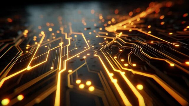 Golden Circuit Board with Glowing Connections