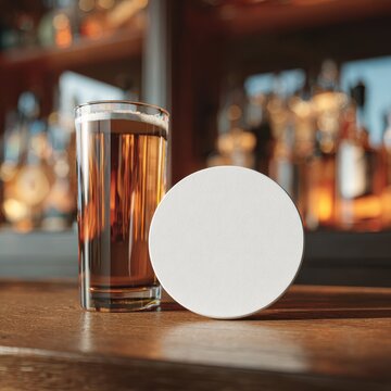 A blank circular coaster under a beer glass, bar background, branding mockup
