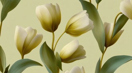 Obraz premium Digital illustration of a group of white tulips with green leaves. the tulips are arranged in a symmetrical pattern, with six of them overlapping each other.