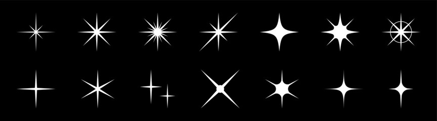 黒背景に映える白のキラキラした星のアイコン14点セット (ベクター)