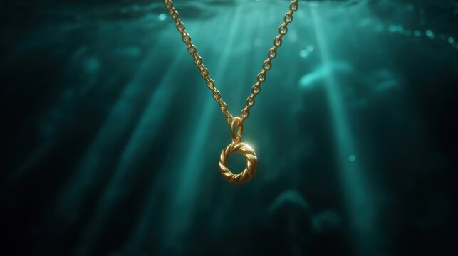 Close-up of a gold necklace with a pendant hanging from it. the pendant is in the shape of a circle and appears to be made of a shiny gold material. the necklace is suspended from a thin gold chain.