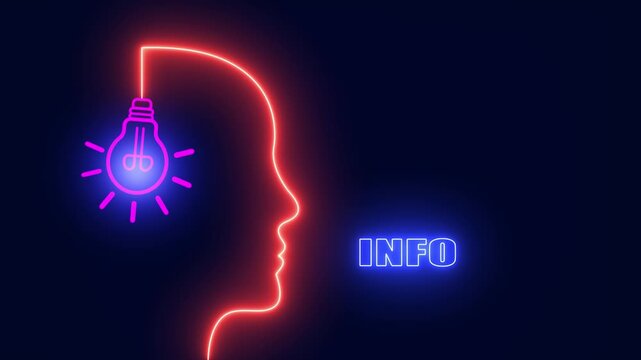 Professional info sharing concept for digital knowledge featuring red neon human head profile and light bulb for smart insights