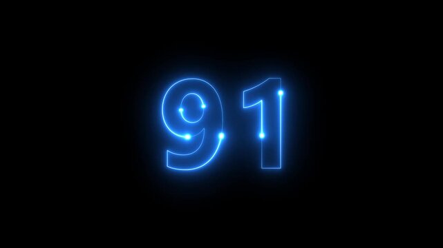 A vibrant glowing neon sign displaying the number 91 against a completely black background high quality