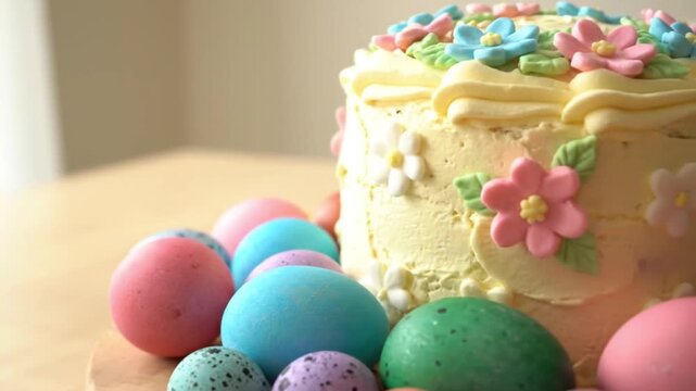 close up easter cake and eggs
