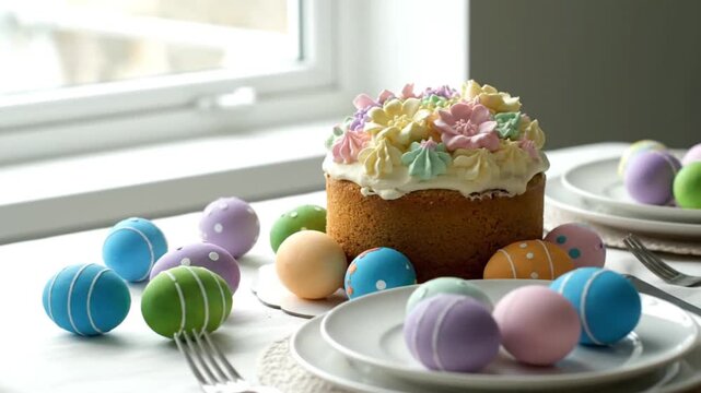 a table setting with a cake and colorful easter eggs on white plates near a window