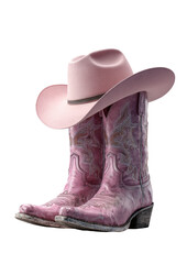 Pink cowboy hat atop matching ornate embroidered western boots isolated