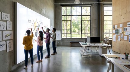 Diverse team brainstorming with lightbulb idea on whiteboard in modern office