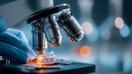 Fototapeta premium Scientist examining a specimen under a microscope in a laboratory setting with blurred background