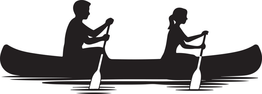 Two people paddling a canoe on water a striking black silhouette