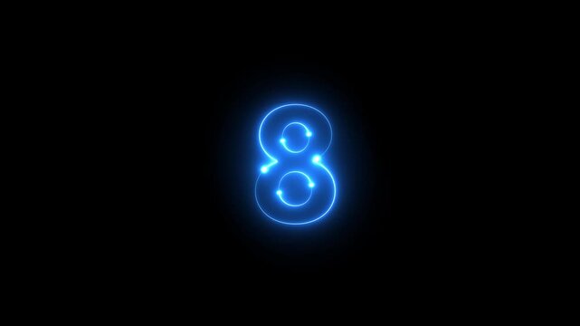 A vibrant neon blue number eight glows against a stark black background creating a striking visual
