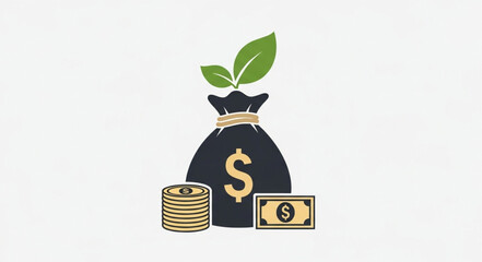 Money bag with growing plant and coins symbolizing financial growth.
