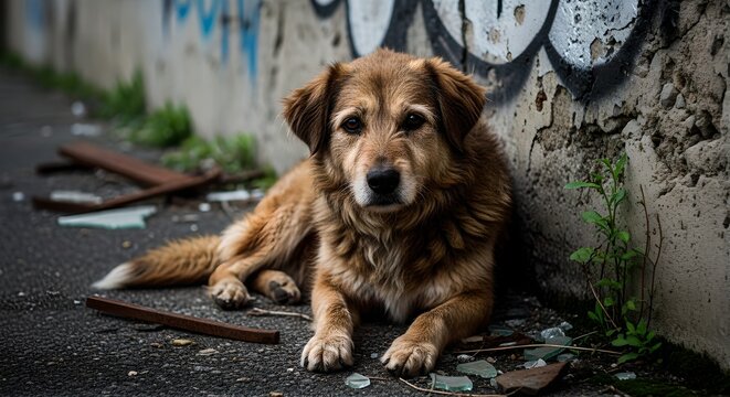 Sad stray dog lying on street sidewalk against old wall in abandoned urban area