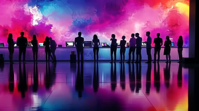 Silhouettes of people viewing screens, vibrant abstract background, reflection on glossy floor