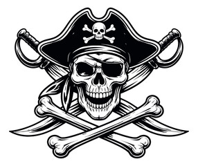 Fototapeta premium Line art illustration of a pirate skull symbol depicting a captain's hat, eye patch, and crossed swords with bones for adventure and nautical designs