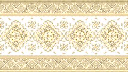 Seamless, traditional Hmong tribal pattern in gold, featuring geometric designs and cultural ornaments. Ideal for fashion fabrics, gift wrapping paper, stationery, and decorative surfaces.