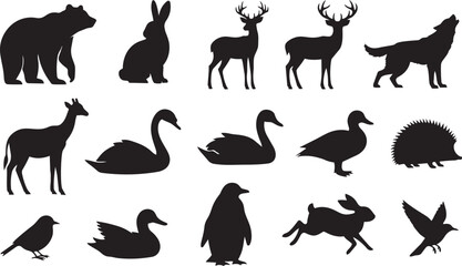 PrintVector silhouette collection of forest animals and birds including bear, deer, wolf, swan, penguin, duck, hedgehog, and rabbit isolated on white