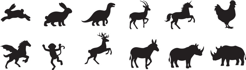 Obraz premium PrintVector silhouette collection of wild animals, farm livestock, and mythical creatures including unicorn, pegasus, dinosaur, rhino, and monkey on white