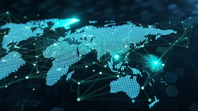 Global network connection with futuristic world map and digital nodes