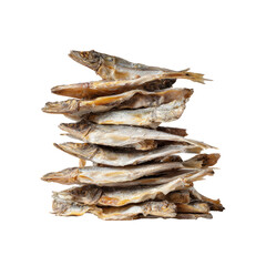 A vertical stack of numerous small, whole, dried, brownish fish with pale undersides