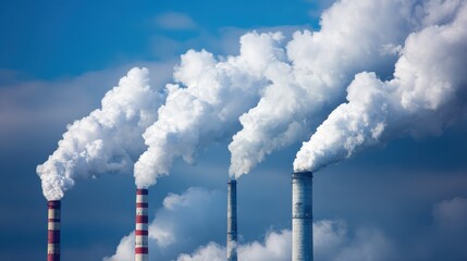Industrial smokestacks emitting thick white smoke against a blue and cloudy sky, symbolizing air pollution and environmental impact.