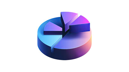 Three-dimensional pie chart with separated, glowing gradient blue-purple slices on black