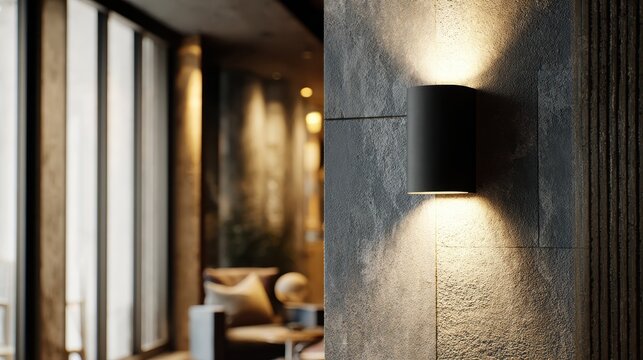 Modern Black Cylindrical Wall Sconce with Up and Down Lighting on Textured Grey Stone Wall in a Contemporary Interior
