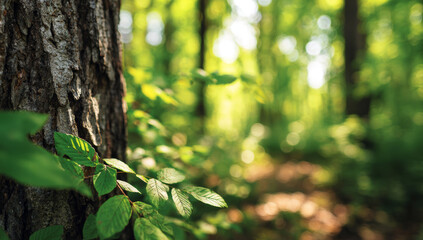Obraz premium Sunlit lush green forest scene with vibrant leaves, textured tree bark, and dappled sunlight filtering through dense canopy