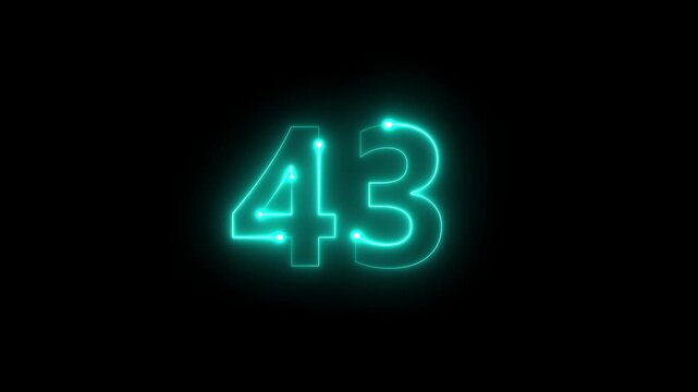 Glowing neon number forty three brightly illuminates against a stark black background creating a vibrant display