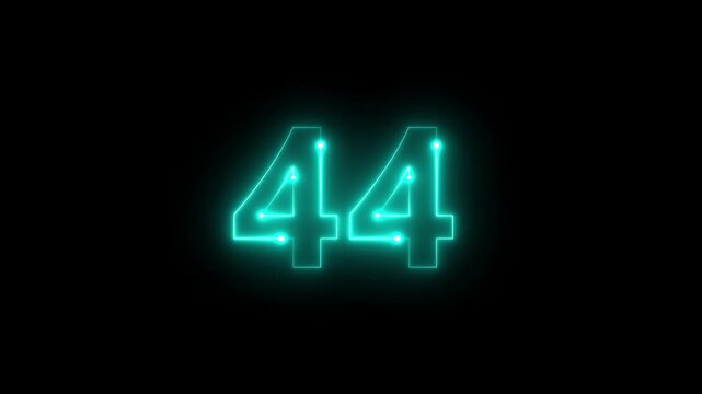 Neon glow effect depicting the number forty four against a stark black background digitally rendered high quality