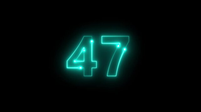 Glowing neon numbers 4 and 7 shine brightly against a stark black background creating a digital aesthetic