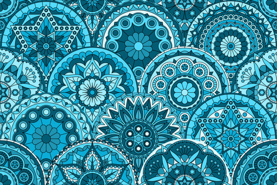 Turquoise  seamless patchwork pattern with mandalas in ethnic style. Vector decorative ornament.