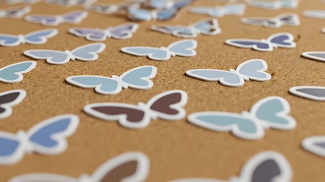 A field of small butterfly stickers in various pastel colors.