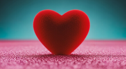 Fototapeta premium Red velvet heart on a sparkling magenta glitter surface with a teal background